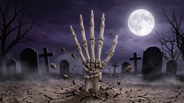 Skeleton bone graveyard tombstone under moonlight. Haunted cemetery gravestone. Halloween horror creepy gothic, skull death, fear skittish mystery
