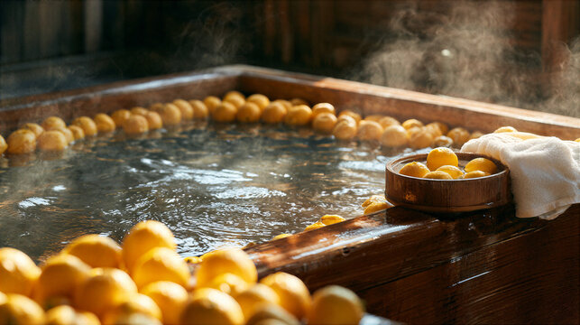 Traditional Japanese hot spring bath with steaming water and citrus fruit in wooden pool, creating warm serene atmosphere in rustic interior