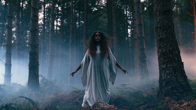 Mysterious Woman as Artemis Goddess Standing in a Foggy Pine Forest