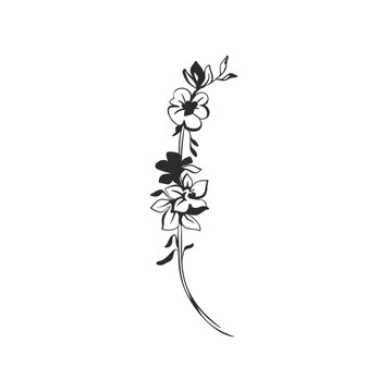 Vertical Floral Ornament with Flowers and Leaves, Hand Drawn Botanical Line Art Vector Decorative Border Element
