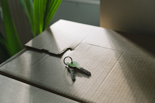 A shiny set of house keys lies abandoned on a cardboard moving box right next to a bright window. Authentic property ownership and exciting relocation transition lifestyle concept.