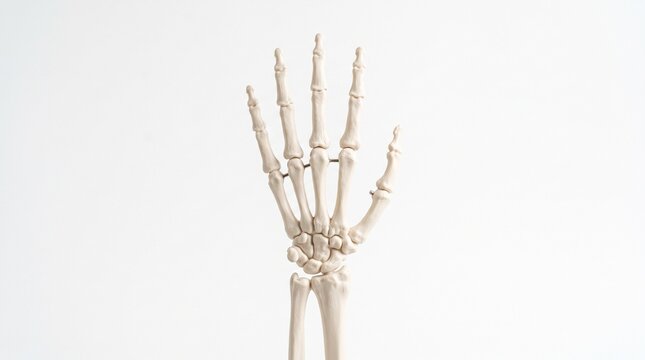 Close up of a human skeleton hand and wrist bones against a plain white background