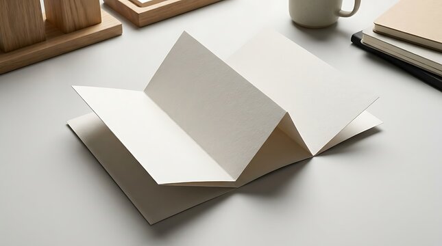 A blank paper bifold program mockup template displayed on a clean white desk with office stationery for branding