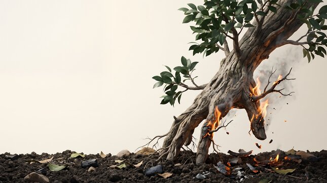 Surrealistic Hand Shaped Burning Tree Root Trunk Environmental Concept