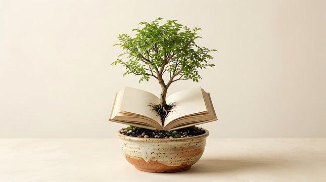 A symbolic representation of knowledge and wisdom featuring a lush green miniature tree emerging from an open book inside a ceramic planter