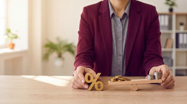Business person holding a percentage sign and balancing stacks of coins on a wooden scale with person blazer balances percentage symbol desk small wooden professional transaction