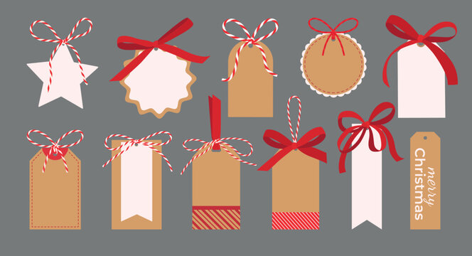 Set of Christmas tag mockup with bow and ribbon. Kraft paper label for gift tied up with cotton red rope bakers twine. Packing string for decoration, present. Flat isolated vector EPS10