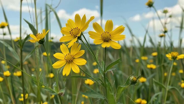 Crisp 4K close-up video focusing on delicate yellow ranunculus buttercup flowers swaying gently in an open field framed by a softly blurred seasonal background to project a fresh peaceful natural
