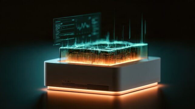 A modern hive design with integrated sensors and a health metrics display hovers against a dark background, showcasing vibrant data visuals.