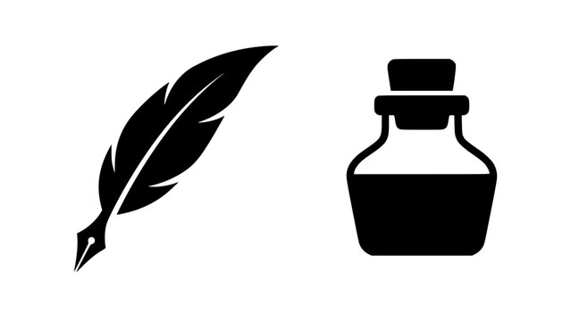 Black feather quill pen and ink bottle icon set