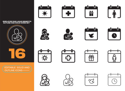 Employee Paid Leave Benefits Outline and Solid Icons Set.eps