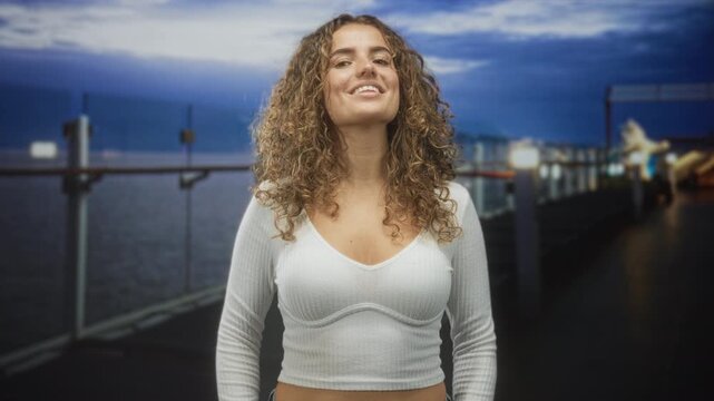 Woman with curly ringlets and visible midriff smiling while looking sideways on a waterfront pier at dusk with glass railings and city lights; serenity.