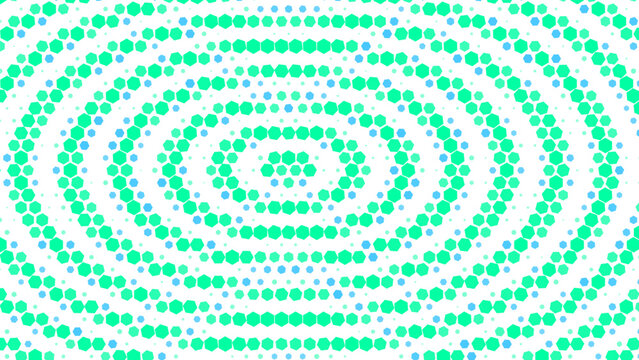 Abstract digital pattern featuring concentric circles of green and blue pixelated dots separated by black lines on a solid black background texture