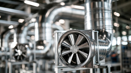 Fototapeta premium Large industrial ventilation duct system with exhaust fans, insulated air ducts and modern factory infrastructure, detailed realistic photography