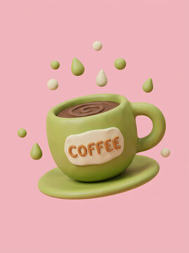 A cute 3D clay style coffee cup with floating liquid droplets on a soft pink background.