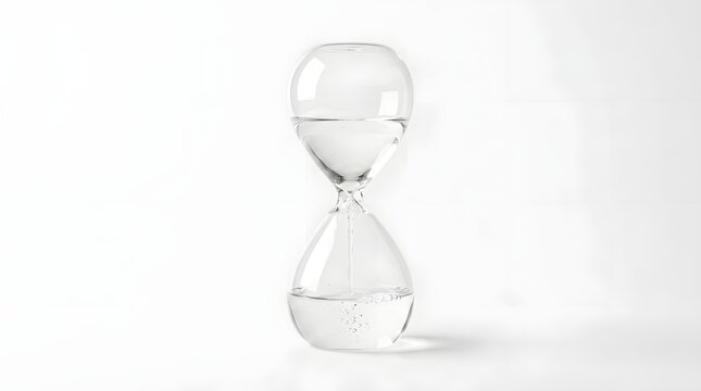 An elegant transparent hourglass filled with liquid  showing water descending through its narrow neck into the lower bulb on a minimalist white surface