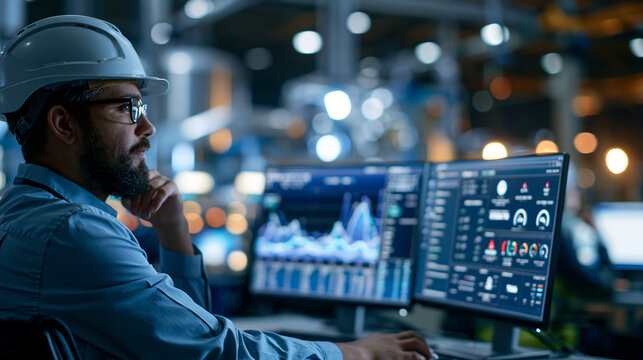 Manufacturing plant modern control room with live production output charts, alarm indicators and predictive maintenance dashboard, realistic factory photography