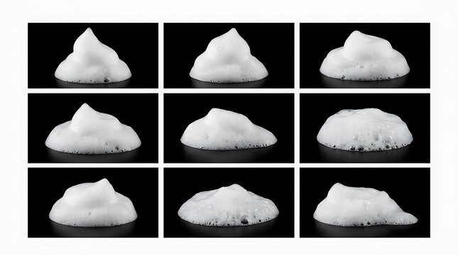 Collage of different shapes of white foam mounds isolated on white background
