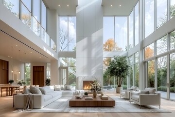 Obraz premium Modern Minimalist Living Room Interior Design with High Ceilings and Floor to Ceiling Glass Windows