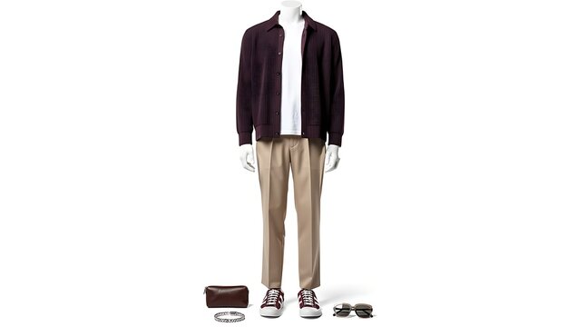 Modern Men's Casual Fashion Outfit Set on Mannequin Featuring Maroon Textured Knit Cardigan, White T-Shirt, Beige Chino Trousers, Sneakers, Leather Pouch, Sunglasses, and Bracelet on White Background