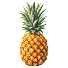 Fototapeta premium Tropical pineapple fruit, detailed botanical illustration, golden yellow textured skin and green spiky leaves for food branding isolated on Transparent Background
