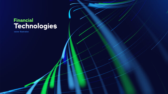 Financial Technolog Abstract Background With Flowing Blue And Green Light Trails Representing Business Growth, Finance Strategy, Investment And Digital Marketing Innovation. Vector Illustration