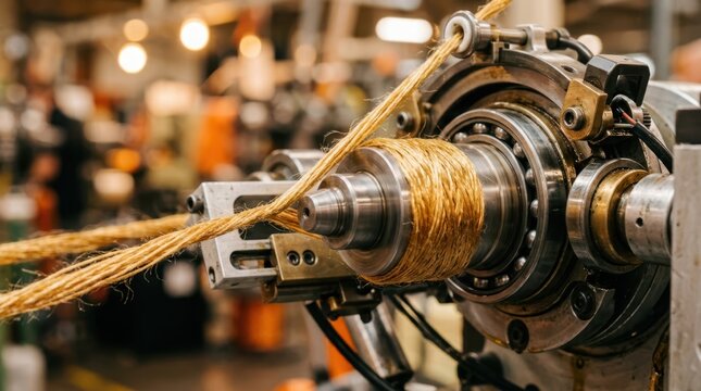 Glossy synthetic yarn twisting around an automated winding head with spindle bearings in a textile factory