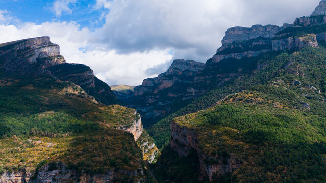 The Anisclo canyon seen from above in autumn, the erosion of the Bellos river in the mountains, in the Pyrenees of Huesca, Spain 