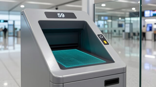 59, An airport biometric passport scan terminal, a glowing teal laser grid projecting across an open e-passport page, ultra-clean polished steel and tempered glass environment, modern travel security