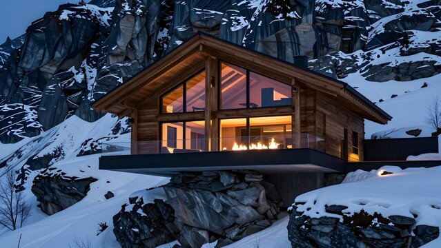 79, A cantilevered alpine modern chalet overhanging a dramatic rocky gorge, expansive floor-to-ceiling triple-glazed windows glowing with warm interior firelight against deep indigo snow, luxury archi