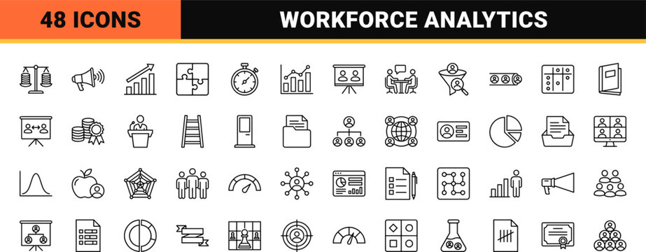 Workforce analytics line icon set. Vector pictograms of demographics, metrics, organization, and evaluation elements, thin linear illustration.