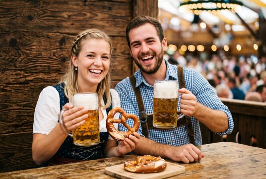 Happy young couple in traditional Bavarian clothing holding beer mugs and pretzels at a lively Oktoberfest celebration