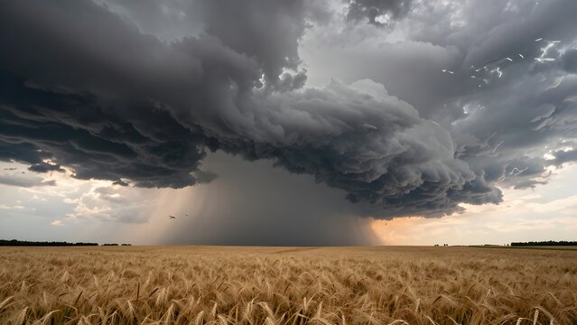 110, A massive dark supercell thunderstorm cloud rotating over an expansive golden wheat prairie at sunset, dramatic atmospheric storm lighting, ominous shelf cloud, meteorological nature stock