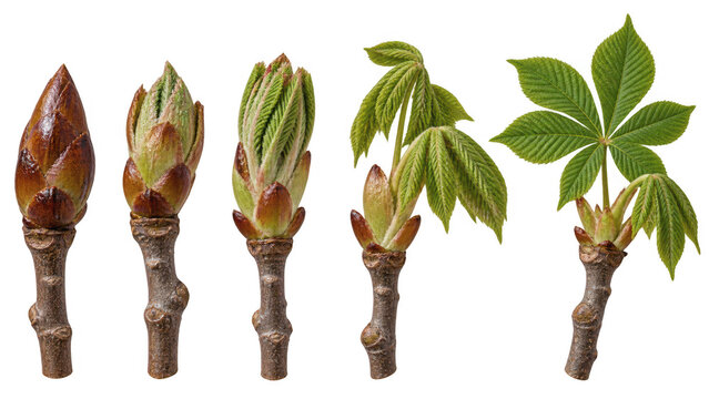 Horse chestnut bud stages sequence showing leaf development isolated on transparent background