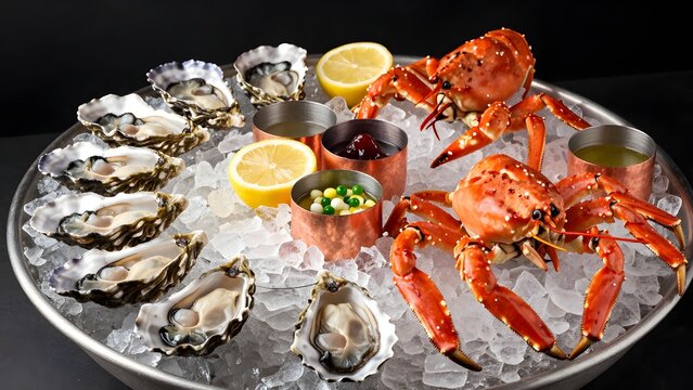 127, A grand plateau de fruits de mer on crushed ice, chilled Normandy oysters on the half shell, langoustines, king crab legs, lemon halves, and copper ramekins of mignonette, luxury dining