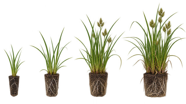 Wetland sedge plant growth stages showing root plugs and mature grass isolated on transparent background