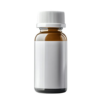 Amber glass medicine bottle with white blank label, small pharmacy vial and supplement container for healthcare packaging isolated on Transparent Background