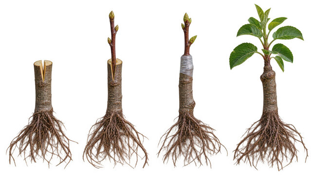 Plant grafting progression steps showing cleft graft stages from rootstock to new growing leaves isolated on transparent background