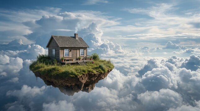 A House in the Clouds: A charming, rustic wooden house rests on a small, grassy island floating amidst a sea of soft, billowing clouds under a vast, blue sky.
