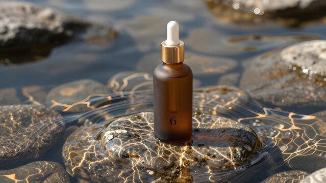 176, A luxury skincare dropper bottle mockup made of frosted amber glass resting upright on a wet, smooth river stone submerged in clear rippling water, morning sunlight creating prismatic caustic pat