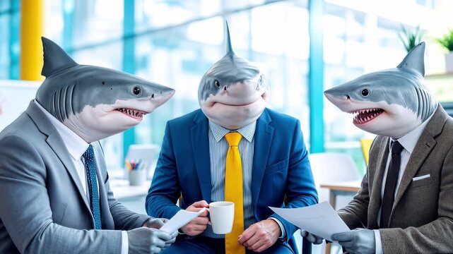 Businessmen with shark heads discussing documents in modern office. Surreal corporate concept of aggressive competition and predatory behavior. Panning and tilting camera movement.