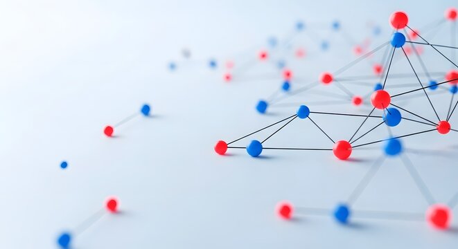 Abstract data network structure with connected red and blue nodes on white background surface