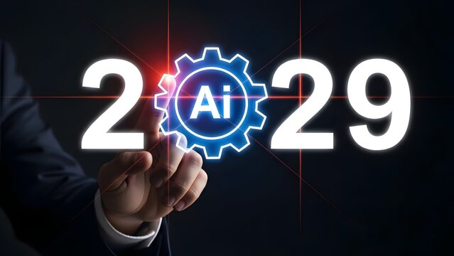 Businessman touching digital artificial intelligence gear symbol with futuristic year twenty twenty nine