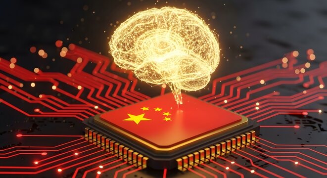 China flag microchip processor with glowing digital brain representing artificial intelligence tech