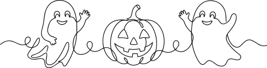 Obraz premium Two cute ghosts and a pumpkin in one single continuous line isolated on transparent background