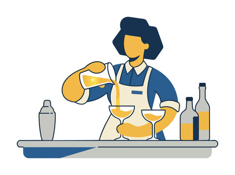 Female Bartender Pouring Cocktail Drink at Bar Counter Vector Illustration.