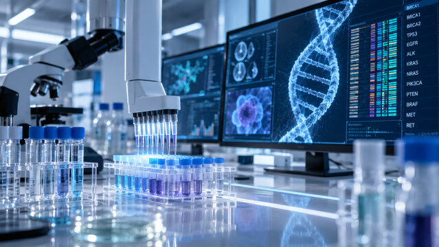Automated biotechnology laboratory analyzing DNA samples with robotic pipetting and genomic data screens, AI generated