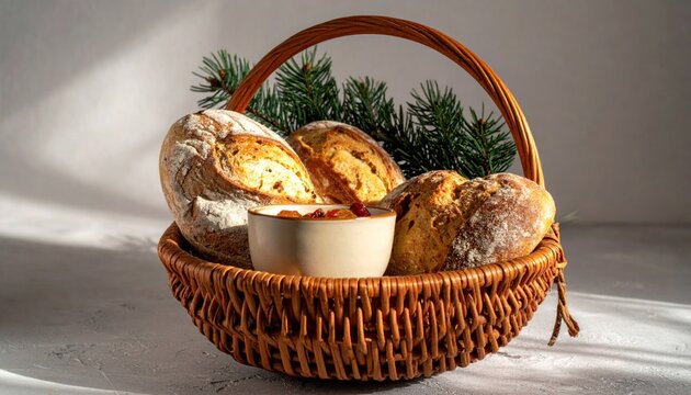 Wicker basket filled with rustic artisan bread loaves.
