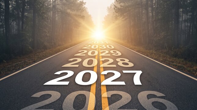 Asphalt road to the future with numbers of upcoming years 2026 to 2030 heading towards bright glowing sunrise light