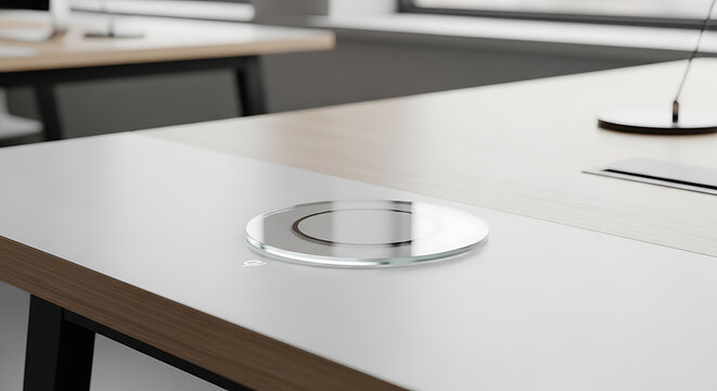 Modern desk with circular logo placeholder mockup, blank spaces for text
